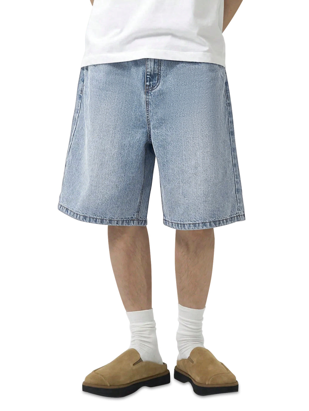 Model wearing 017 men's relaxed denim shorts in Light Blue, front view