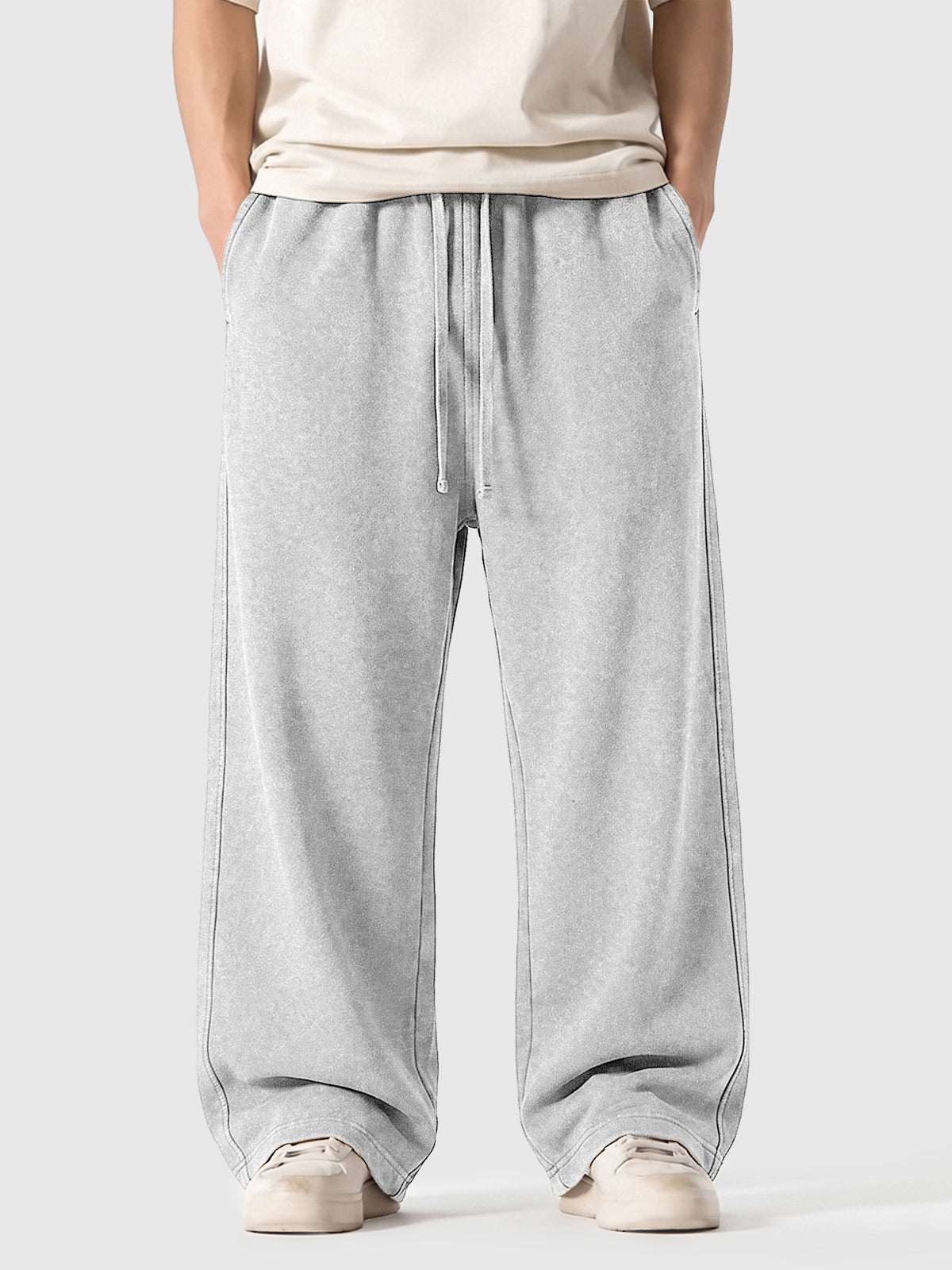 Model wearing A3507 vintage straight-leg sweatpants in Washed Gray, front view