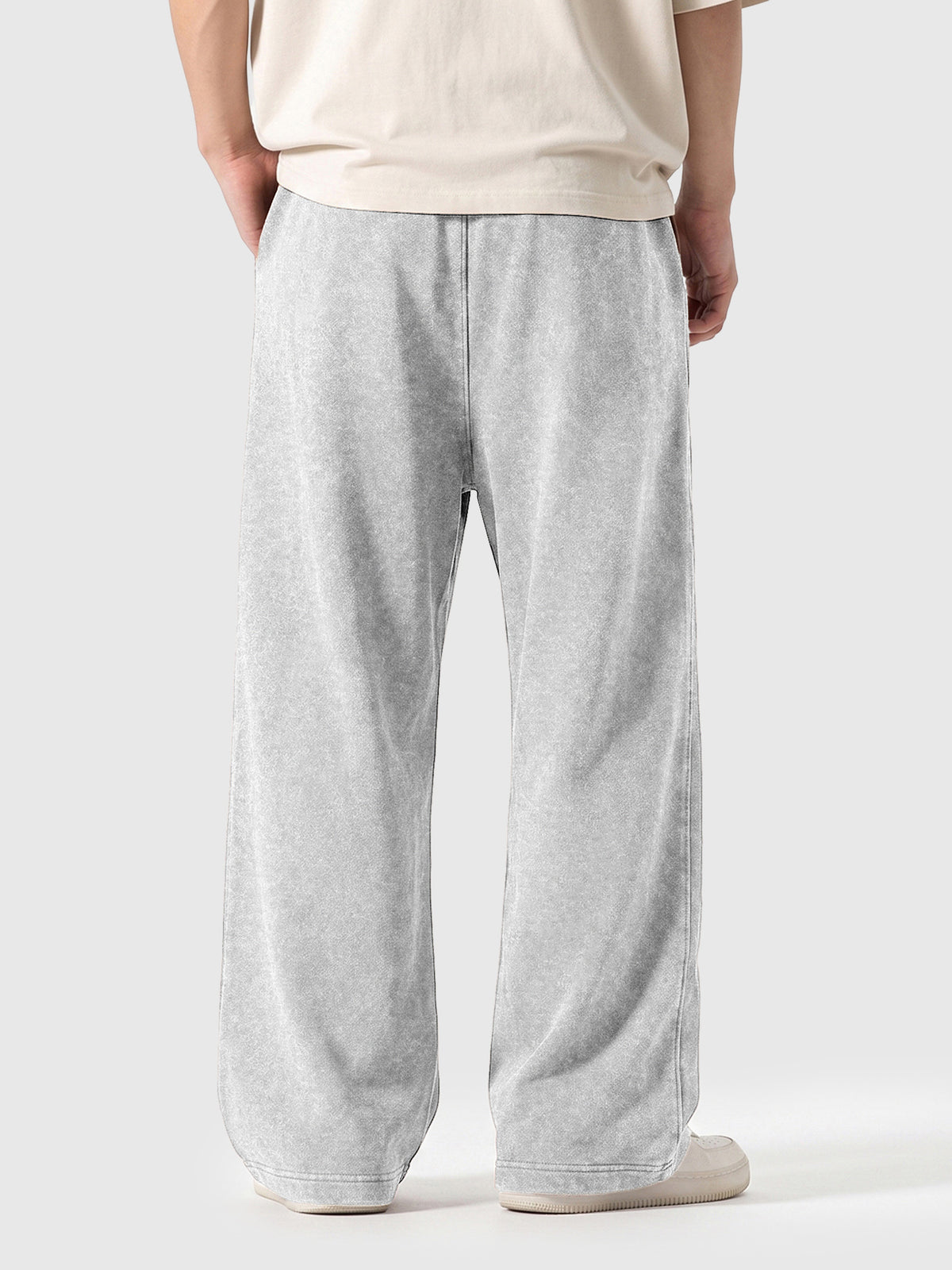 Model wearing A3507 vintage straight-leg sweatpants in Washed Gray, back view