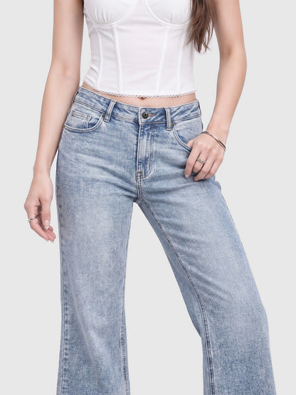 Model wearing B2228 women's flare denim jeans in Light Blue, front view 2