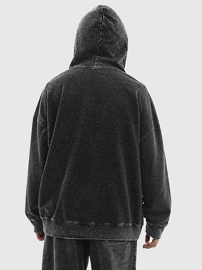 Model wearing B3508 vintage pullover hoodie in Washed Black, back view 2
