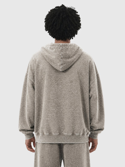 Model wearing B3508 vintage pullover hoodie in Washed Light Brown, back view 2
