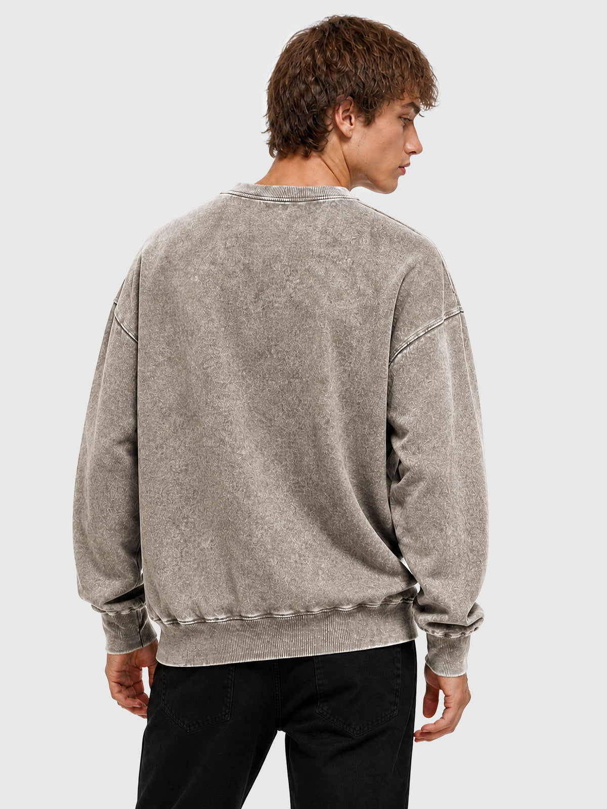 Model wearing Y3505 vintage crewneck sweatshirt in Washed Light Brown, back view