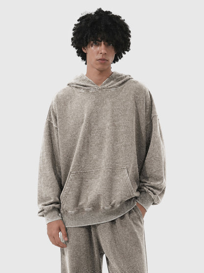 Model wearing B3508 vintage pullover hoodie in Washed Light Brown, front view 2