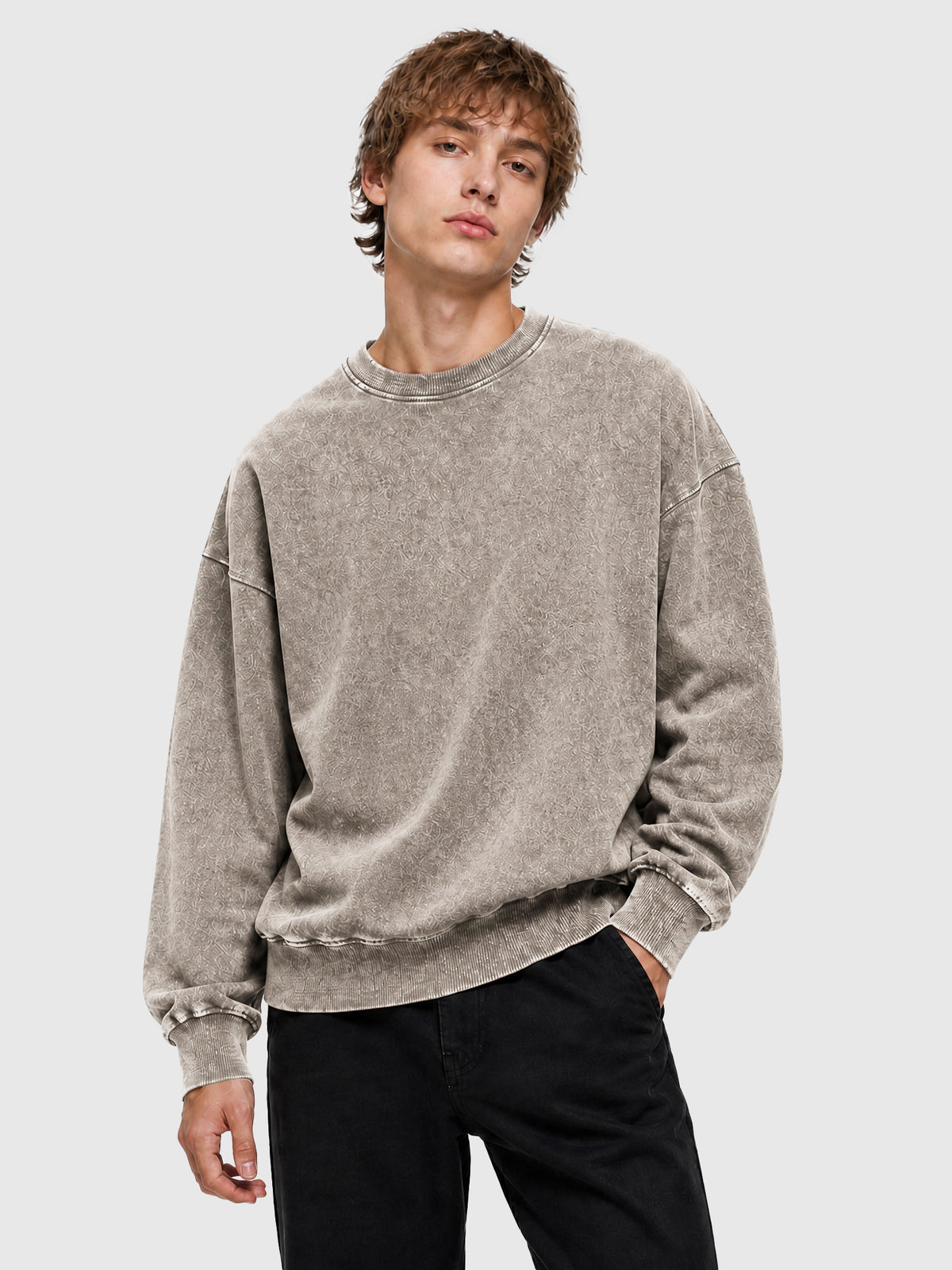 Model wearing Y3505 vintage crewneck sweatshirt in Washed Light Brown, front view