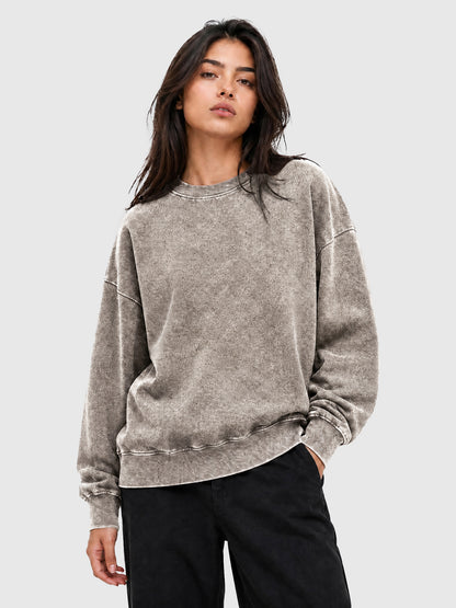 Model wearing Y3505 vintage crewneck sweatshirt in Washed Light Brown, front view