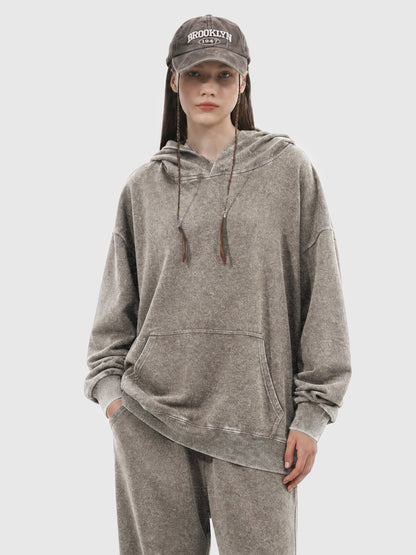 Model wearing B3508 vintage pullover hoodie in Washed Light Brown, front view 1