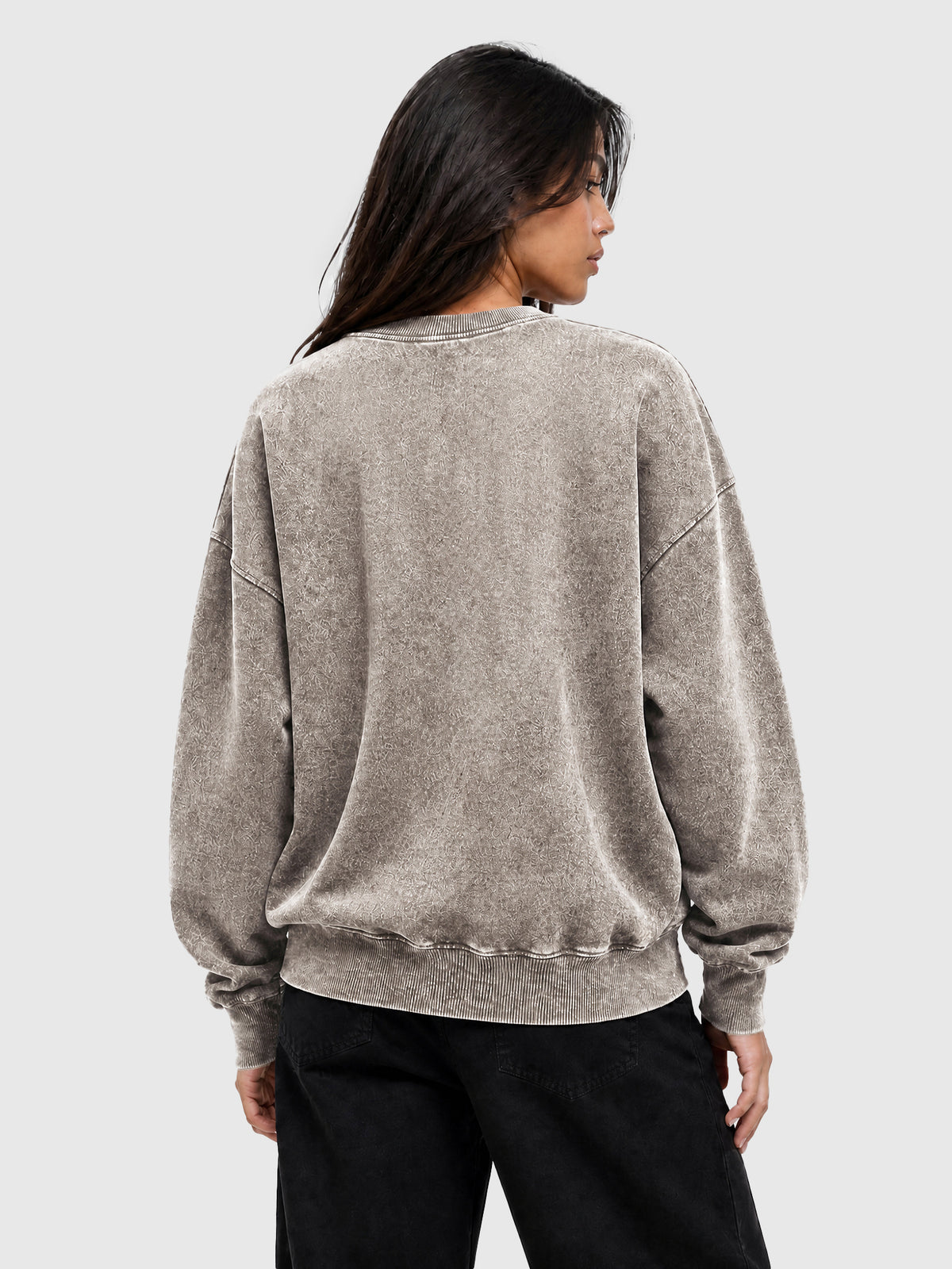 Model wearing Y3505 vintage crewneck sweatshirt in Washed Light Brown, back view