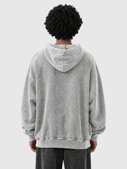 Model wearing B3508 vintage pullover hoodie in Washed Gray, back view 1