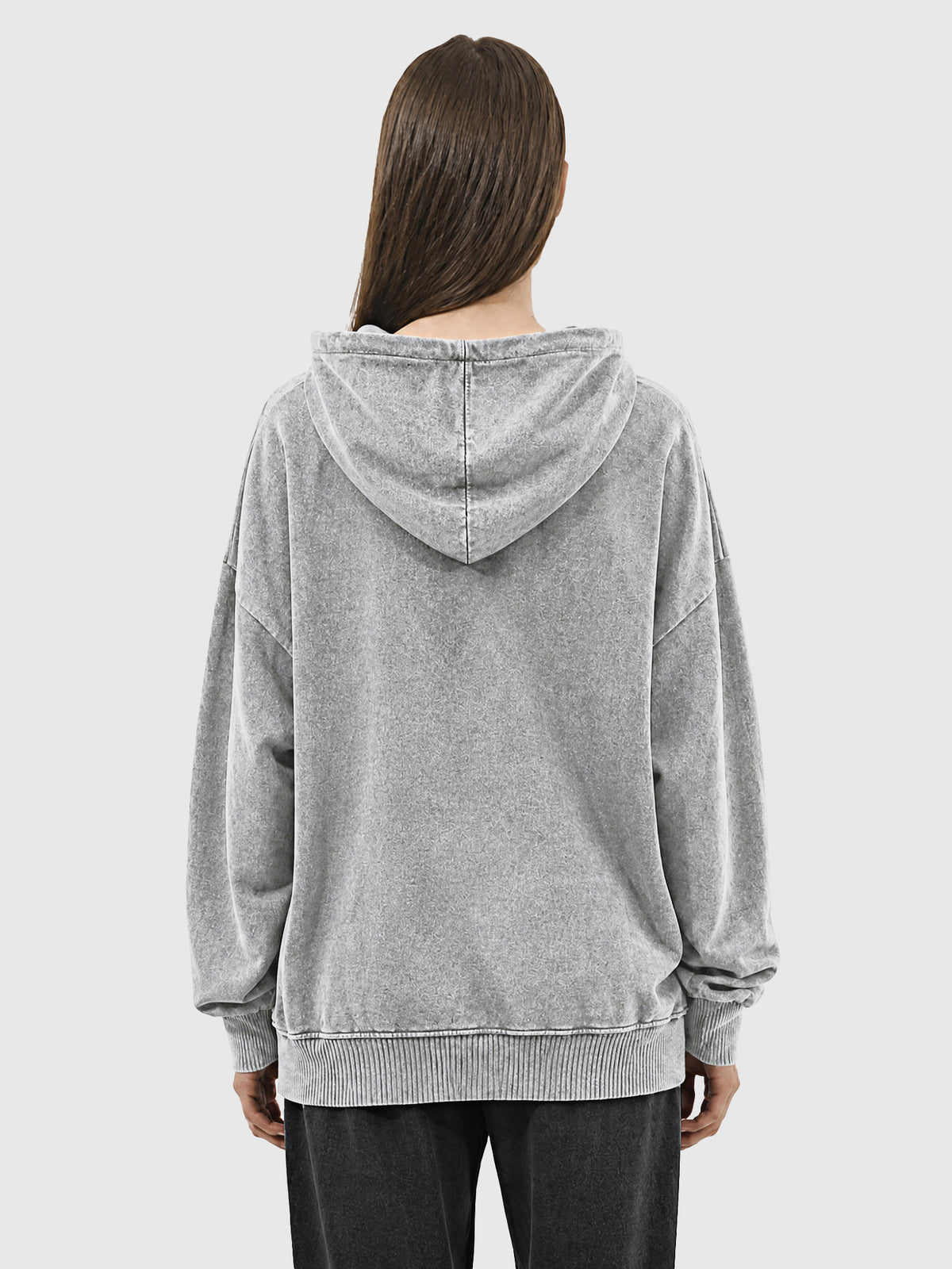 Model wearing B3508 vintage pullover hoodie in Washed Gray, back view 2