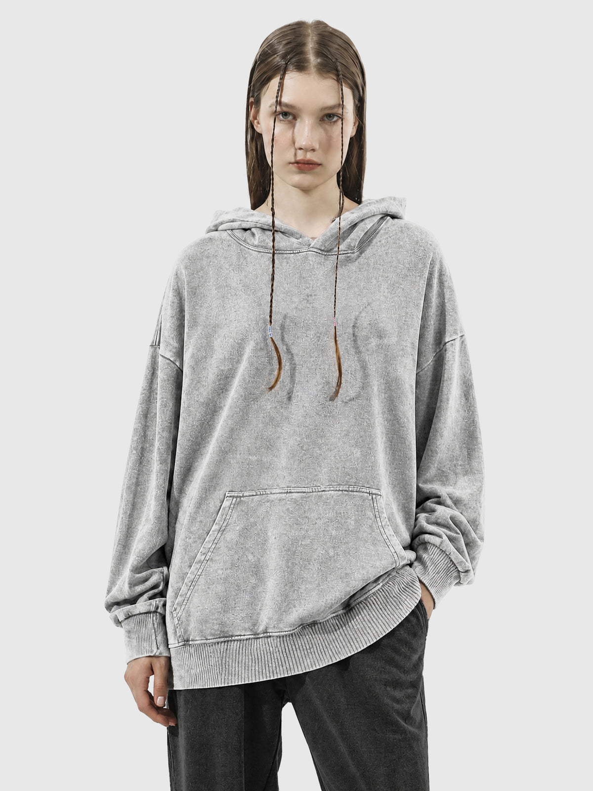 Model wearing B3508 vintage pullover hoodie in Washed Gray, front view 2