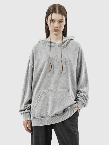 Model wearing B3508 vintage pullover hoodie in Washed Gray, front view 2