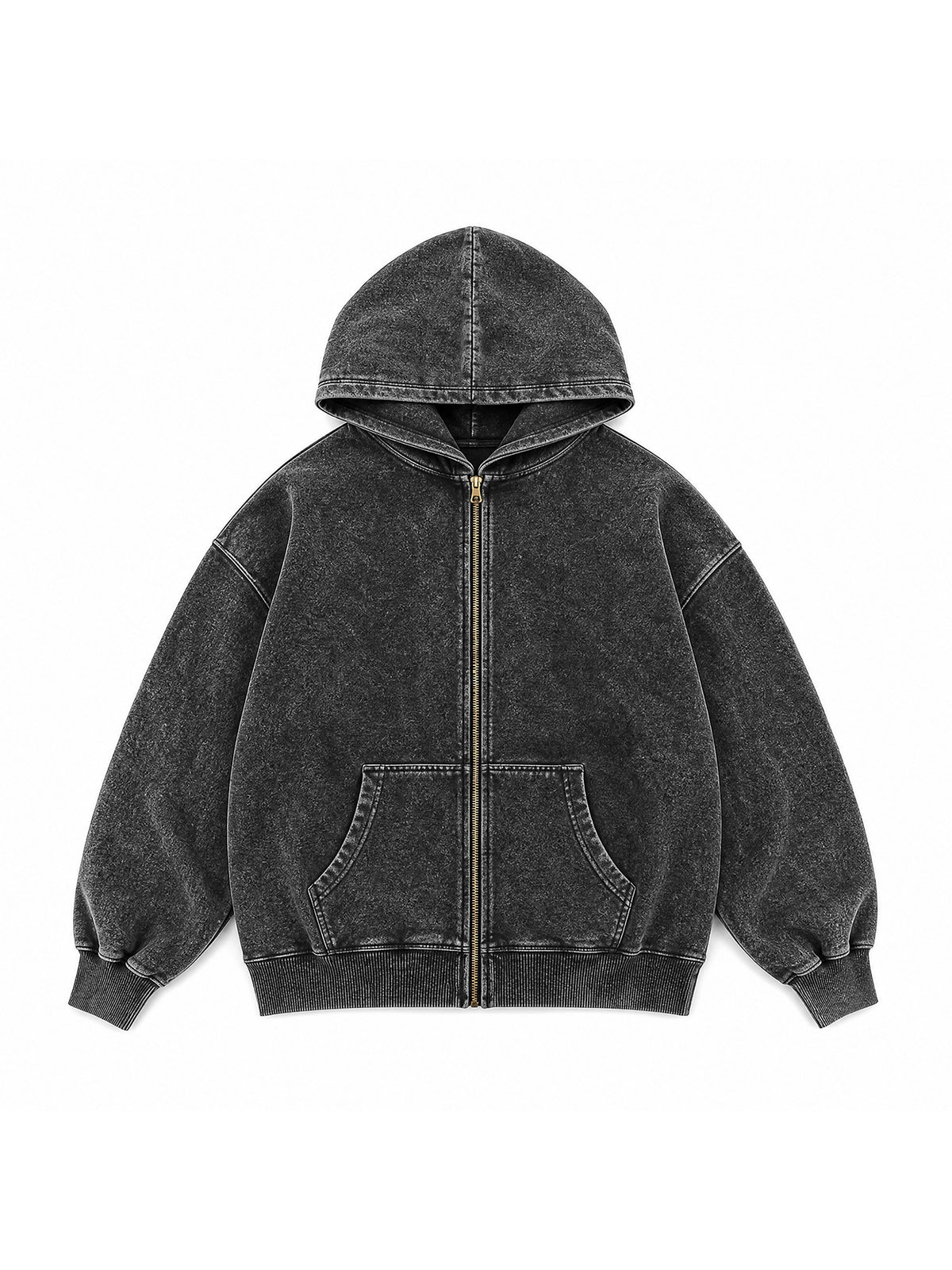 B3509 vintage zip-up hoodie in Washed Black, front product view