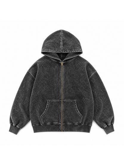 B3509 vintage zip-up hoodie in Washed Black, front product view