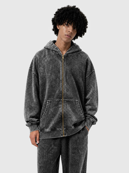 Model wearing B3509 vintage zip-up hoodie in Washed Black, front view