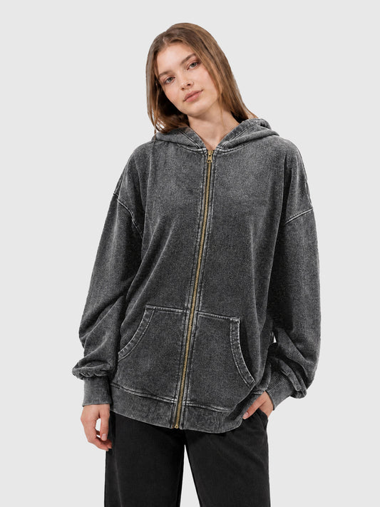 Model wearing B3509 vintage zip-up hoodie in Washed Black, front view