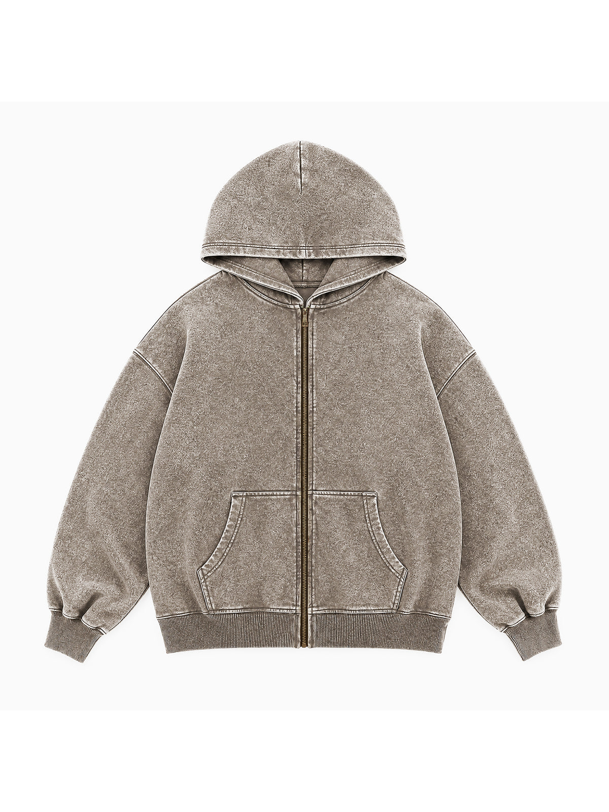 B3509 vintage zip-up hoodie in Washed Light Brown, front product view