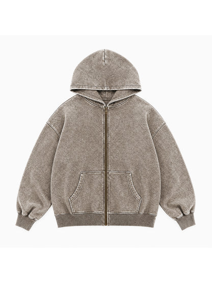 B3509 vintage zip-up hoodie in Washed Light Brown, front product view