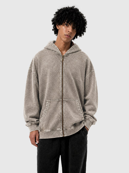 Model wearing B3509 vintage zip-up hoodie in Washed Light Brown, front view