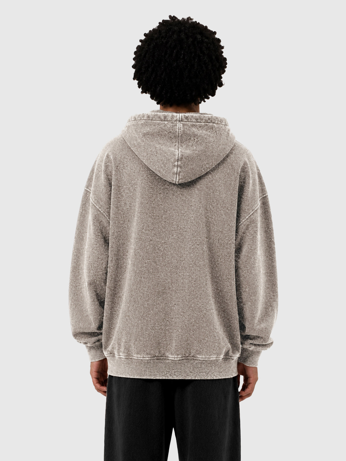 Model wearing B3509 vintage zip-up hoodie in Washed Light Brown, back view