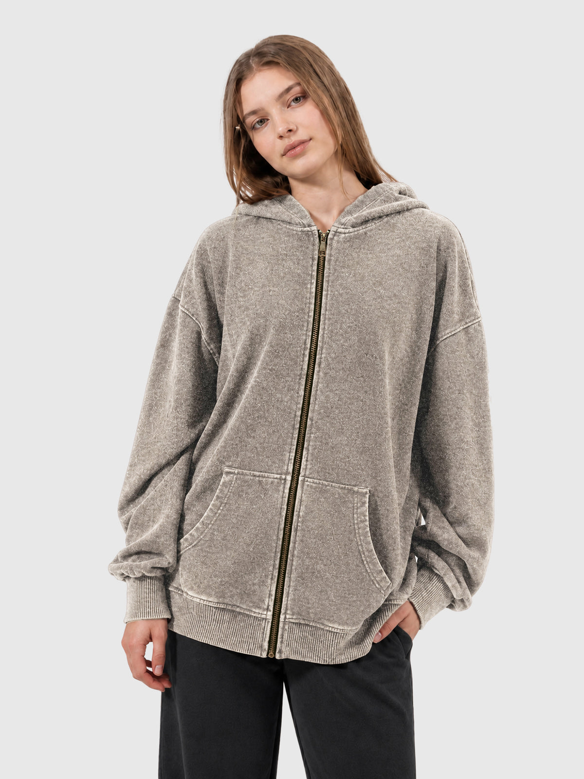 Model wearing B3509 vintage zip-up hoodie in Washed Light Brown, front view