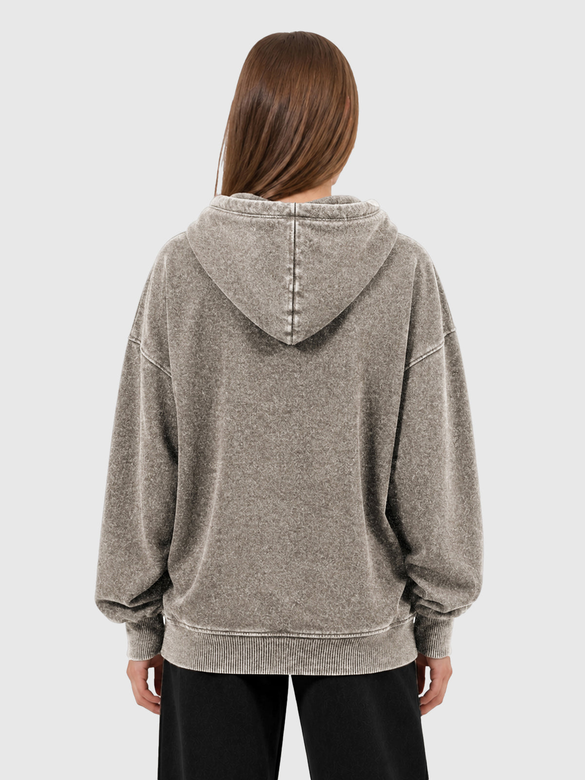 Model wearing B3509 vintage zip-up hoodie in Washed Light Brown, back view