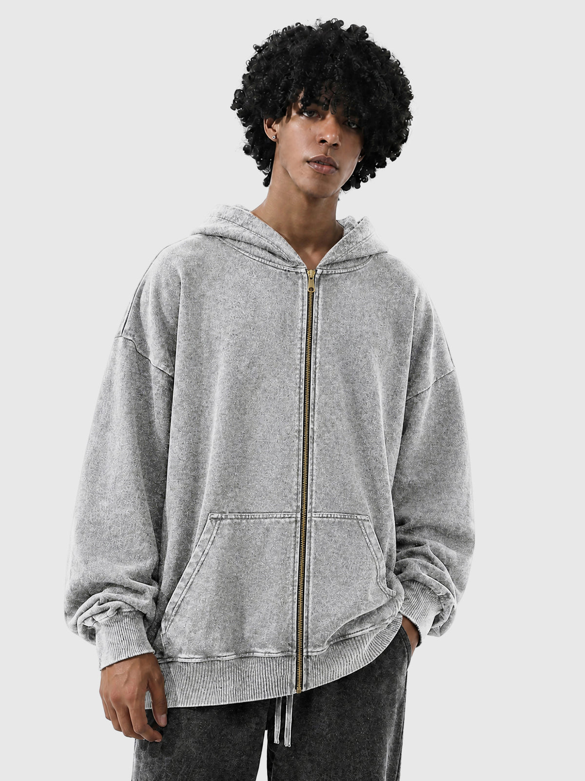 Model wearing B3509 vintage zip-up hoodie in Washed Gray, front view