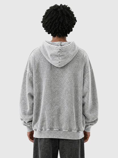 Model wearing B3509 vintage zip-up hoodie in Washed Gray, back view