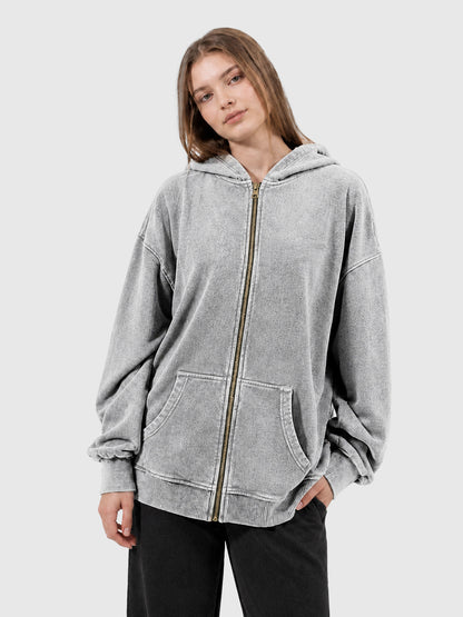 Model wearing B3509 vintage zip-up hoodie in Washed Gray, front view