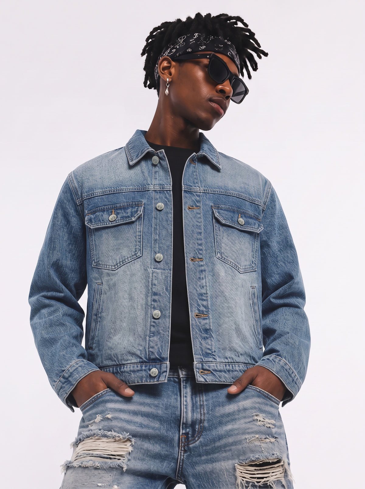 Model wearing B81 denim jacket in Sky Blue, front view