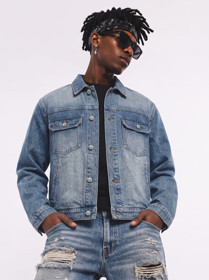 Model wearing B81 denim jacket in Sky Blue, front view