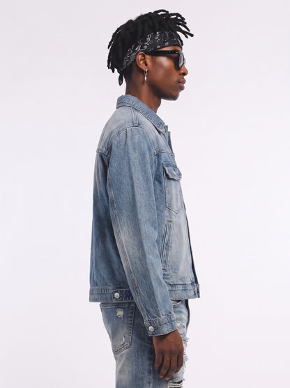 Model wearing B81 denim jacket in Sky Blue, side view