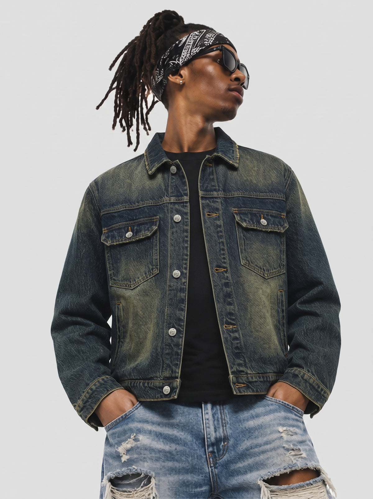 Model wearing B81 denim jacket in Vintage Indigo, front view