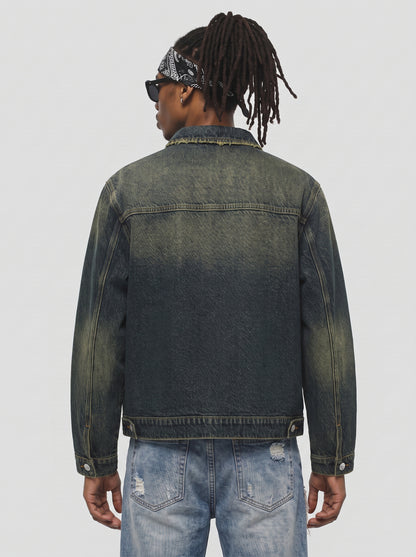 Model wearing B81 denim jacket in Vintage Indigo, back view