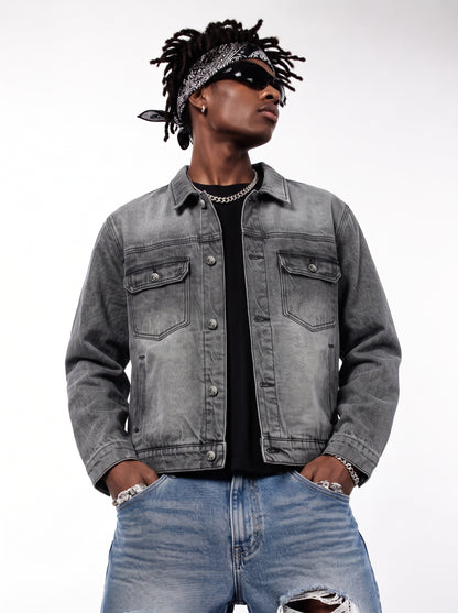 Model wearing B81 denim jacket in Slate Grey, front view