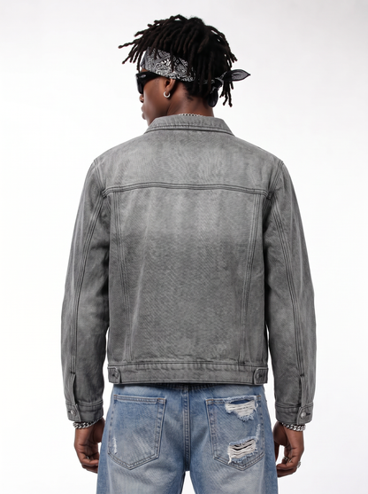 Model wearing B81 denim jacket in Slate Grey, back view