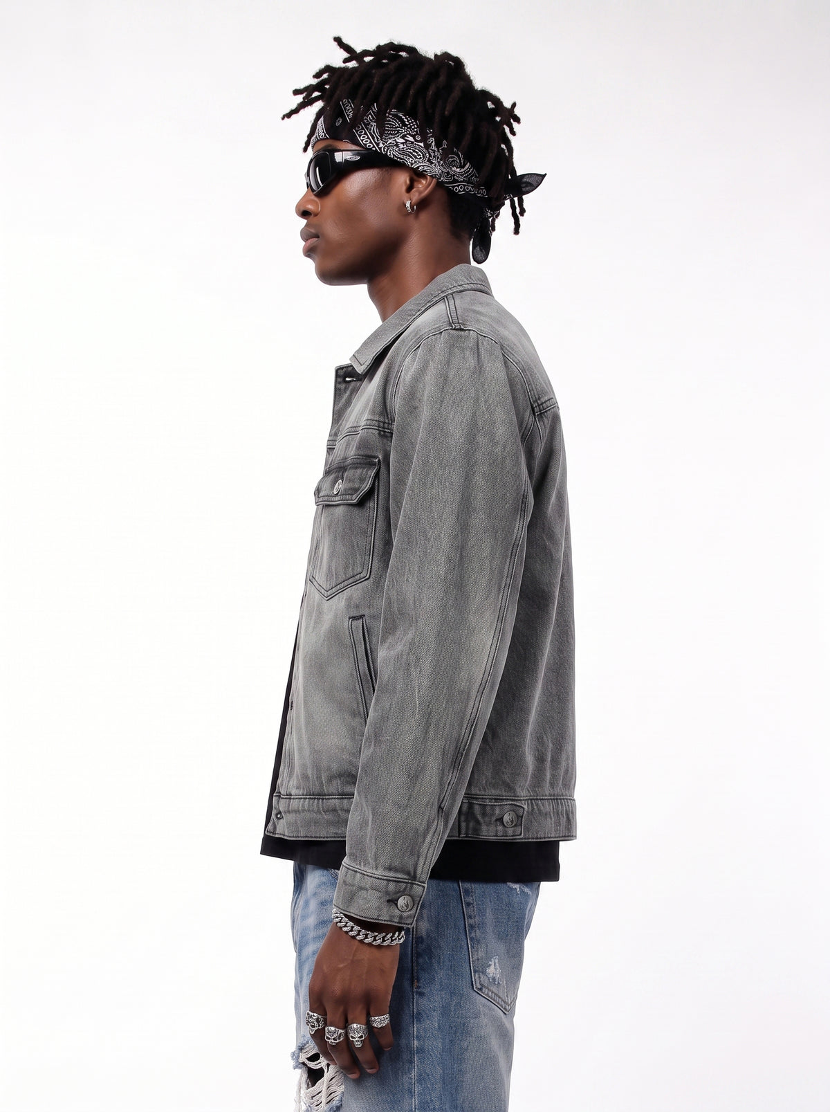 Model wearing B81 denim jacket in Slate Grey, side view
