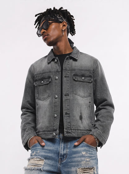 Model wearing B81 denim jacket in Charcoal Grey, front view