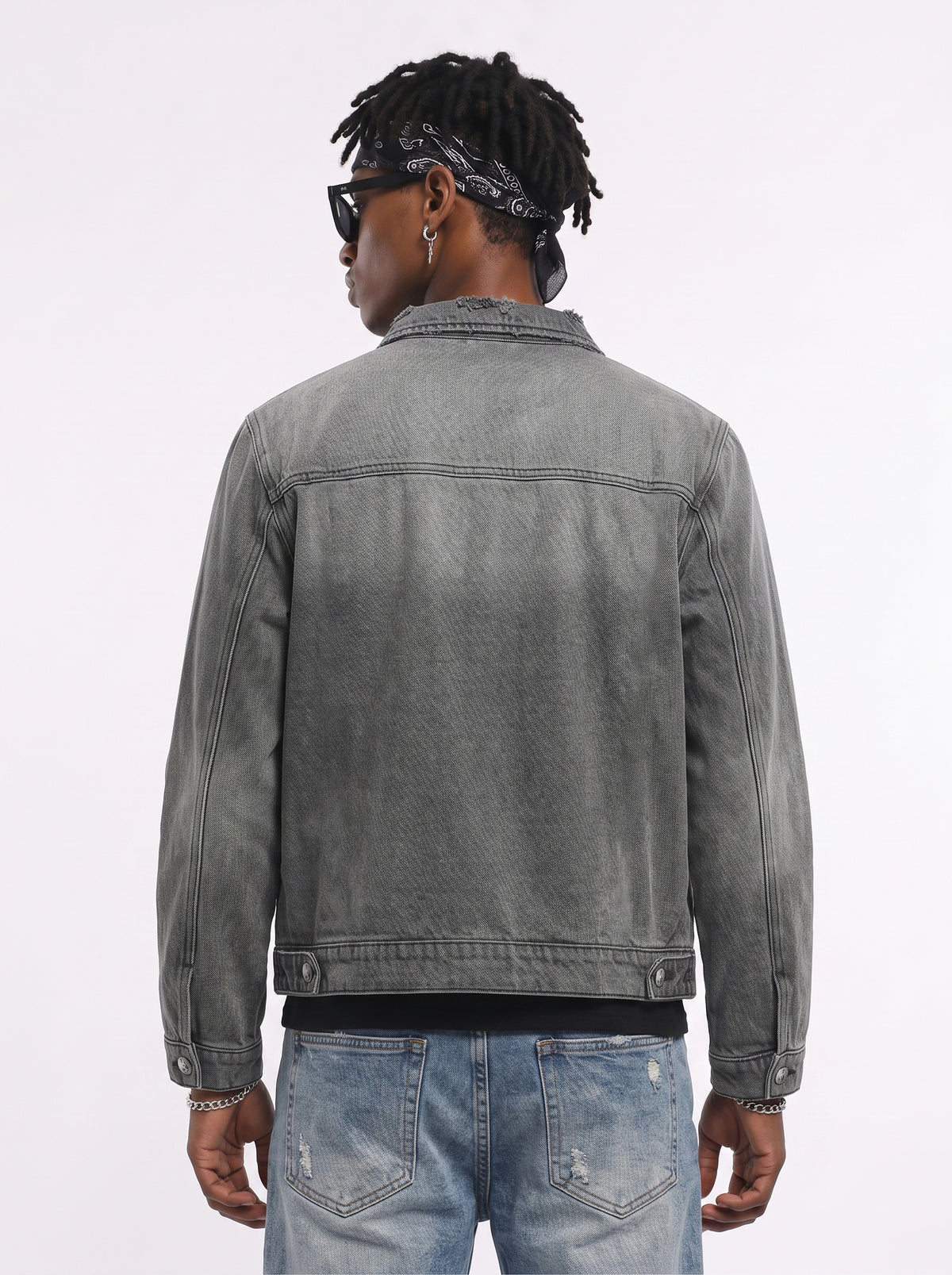 Model wearing B81 denim jacket in Charcoal Grey, back view