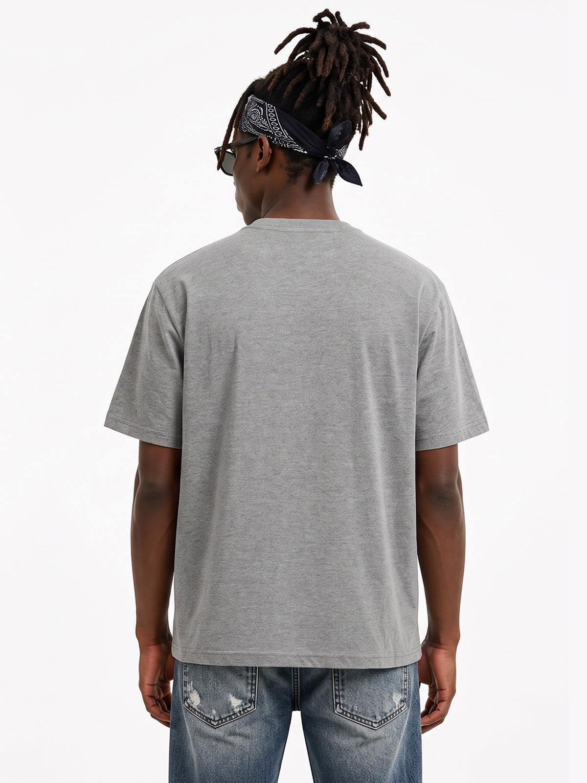 Model wearing US001 basic T-shirt in DarkGray, back view