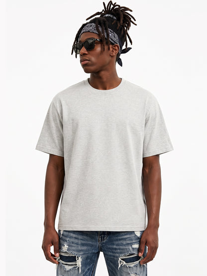 Model wearing US001 basic T-shirt in LightGray, front view