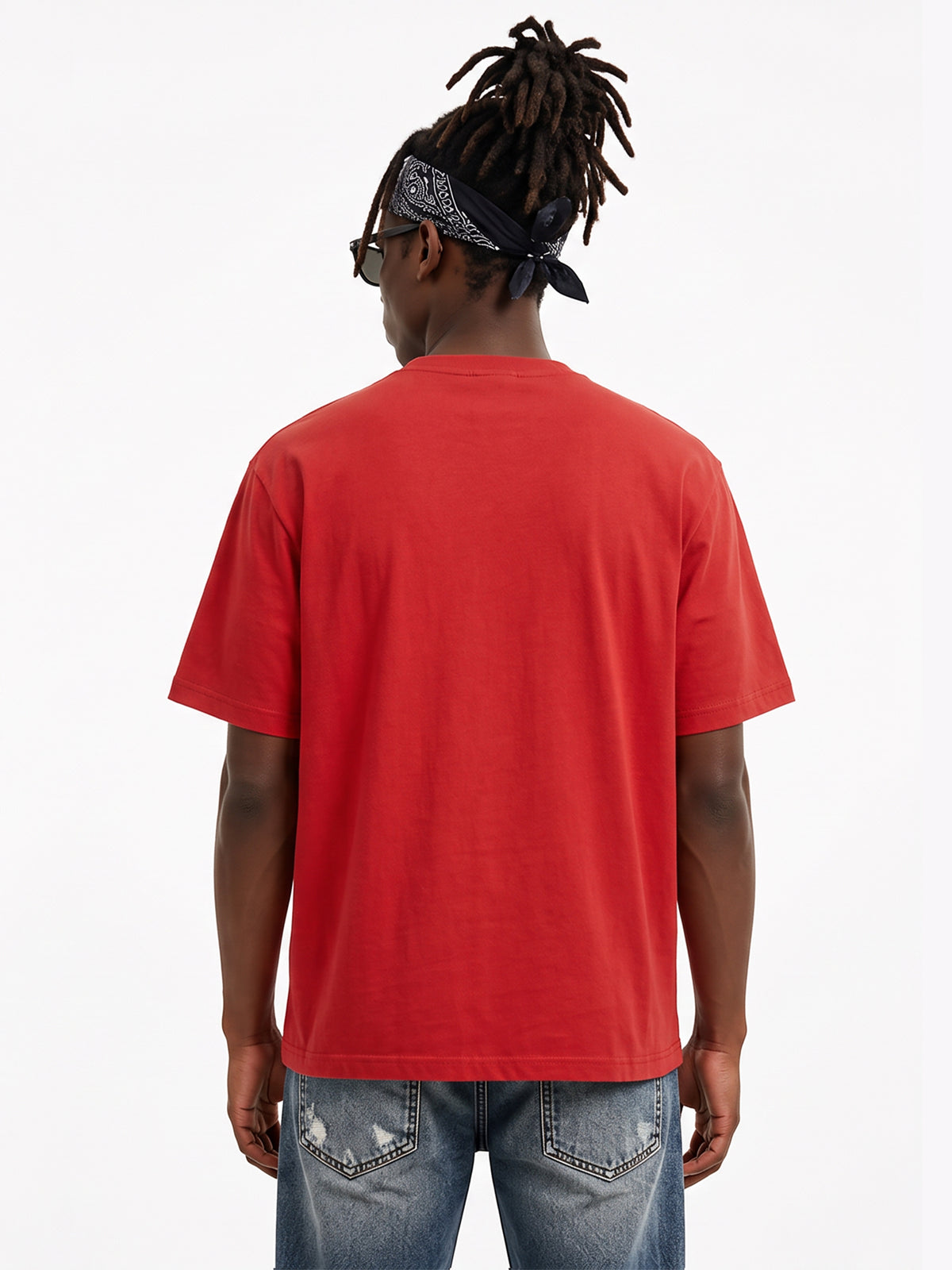 Model wearing US001 basic T-shirt in Red, back view