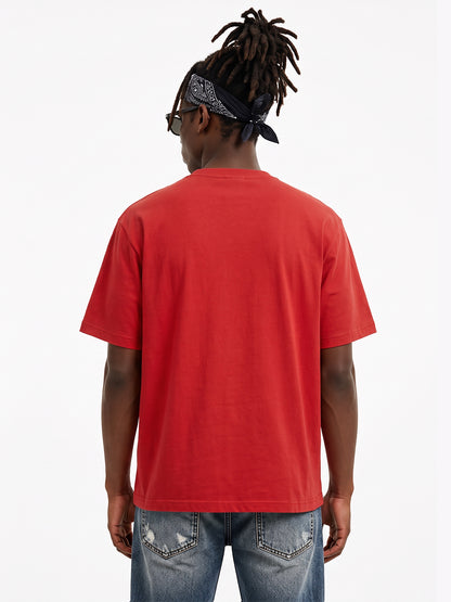 Model wearing US001 basic T-shirt in Red, back view