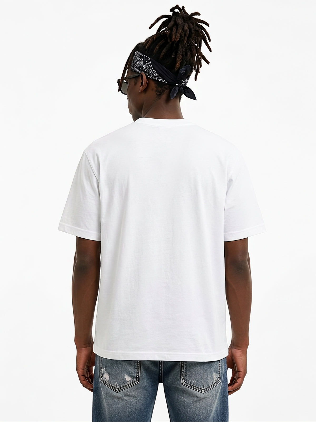 Model wearing US001 basic T-shirt in White, back view