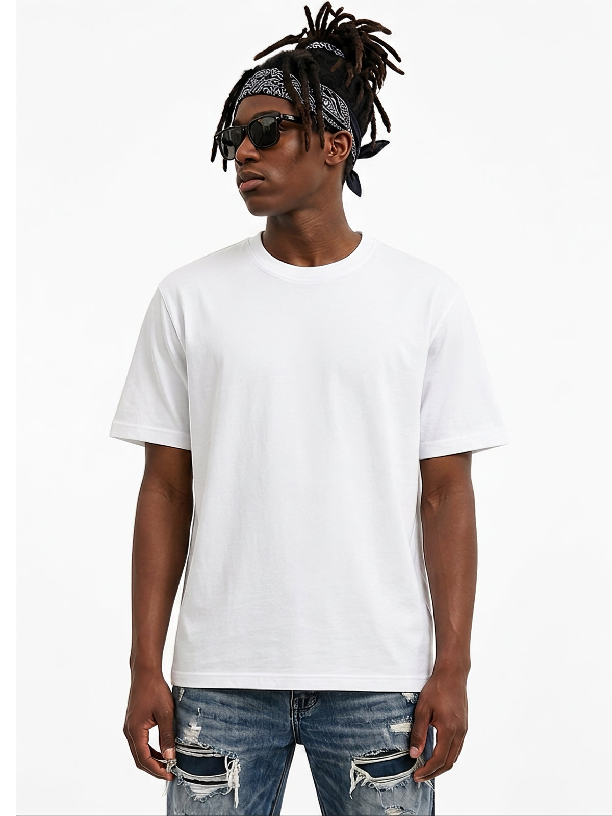 Model wearing US001 basic T-shirt in White, front view