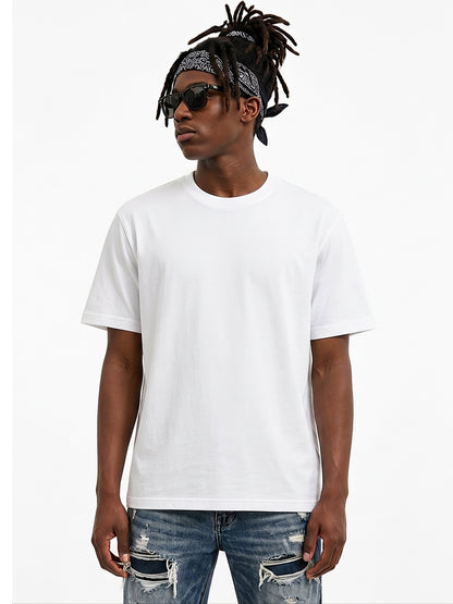 Model wearing US001 basic T-shirt in White, front view
