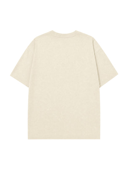 Model wearing C23011 crewneck T-shirt in Apricot, back view