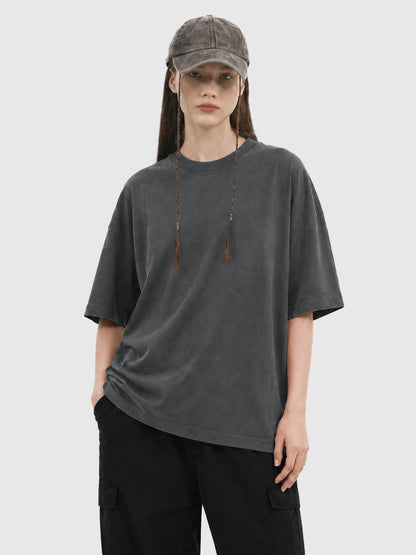 Model wearing C23011 crewneck T-shirt in DarkGray, front view