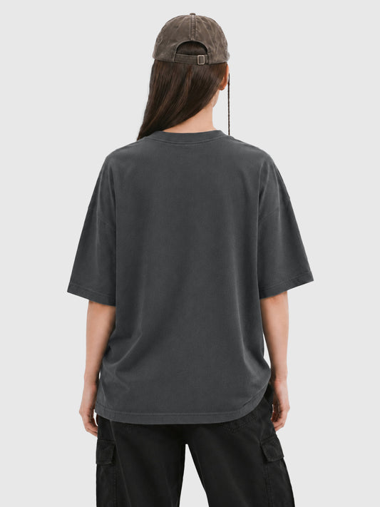 Model wearing C23011 crewneck T-shirt in DarkGray, back view