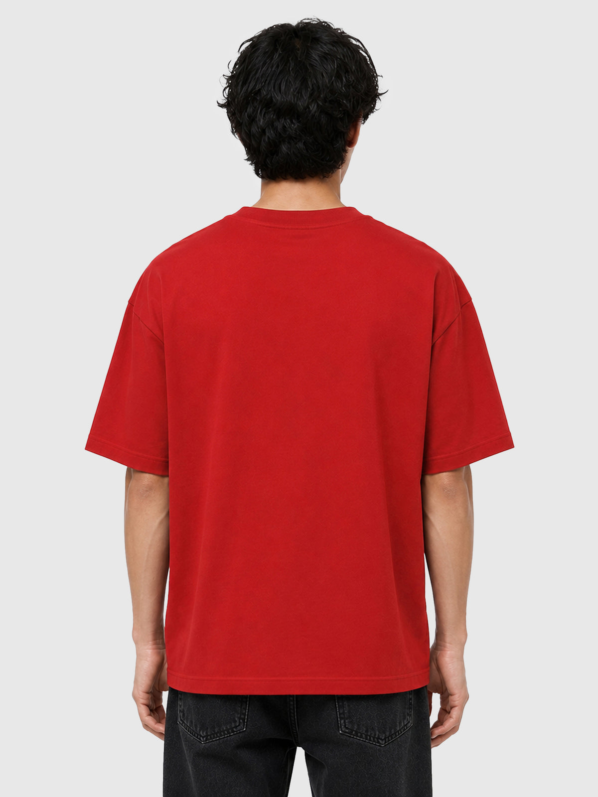 Model wearing C23011 crewneck T-shirt in Red, back view